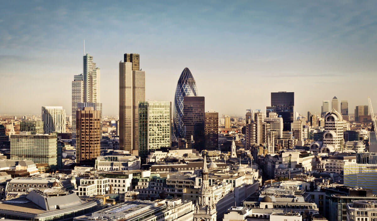 City of London one of the leading centres of global finance. This view includes Tower 42, Gherkin,Willis Building, Stock Exchange Tower, Lloyd`s of London and Canary Wharf at the background.
